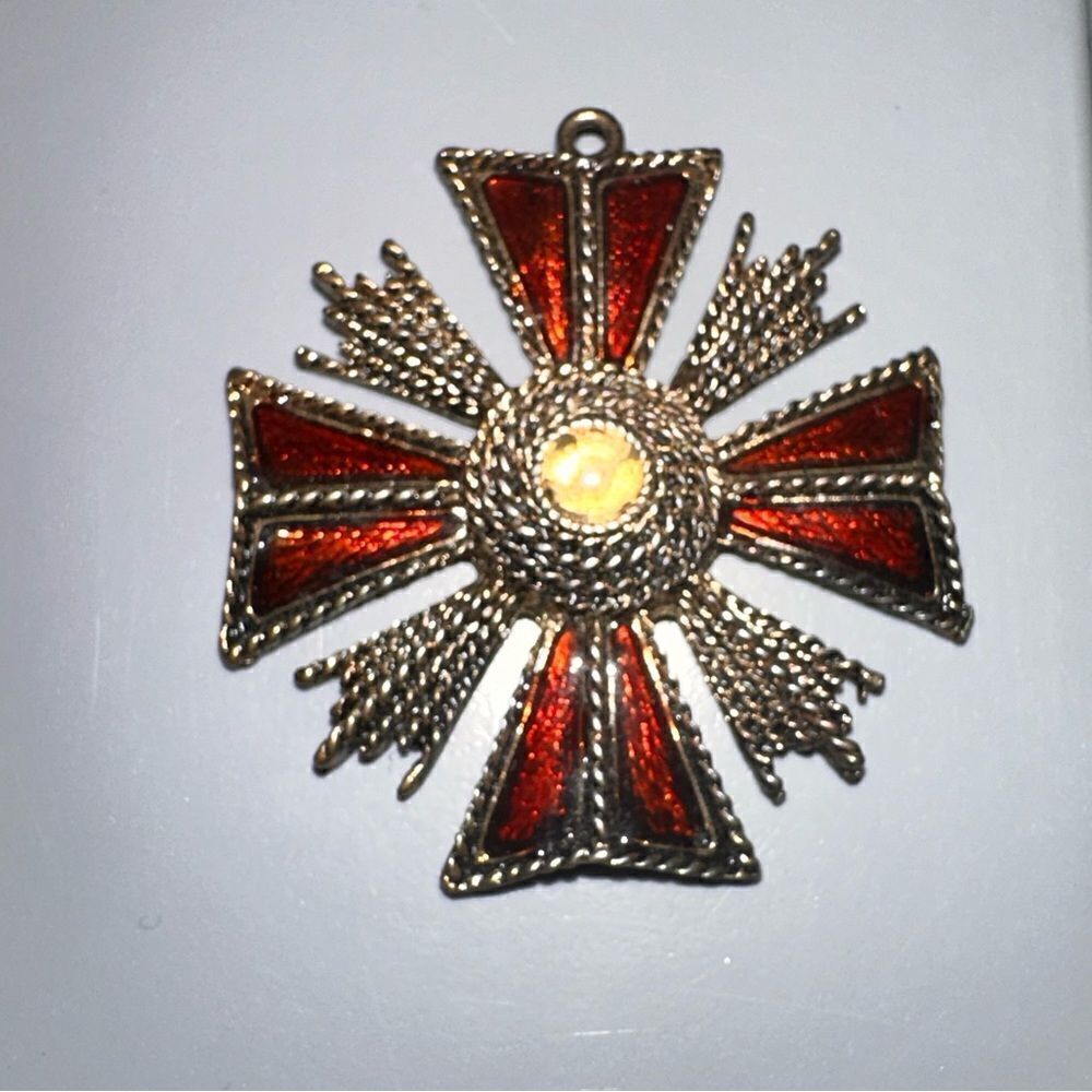 Vintage Gold Tone and Brown Enamel Maltese Cross Pendant